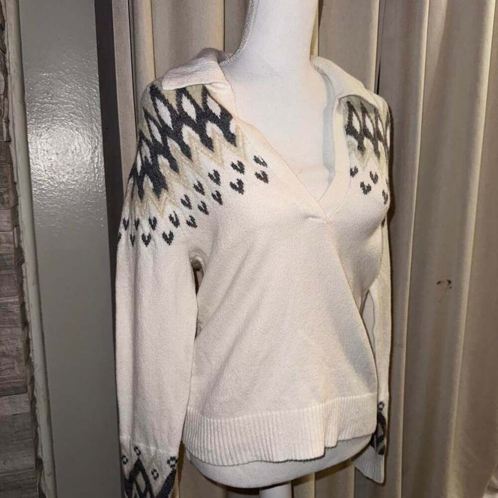 LOFT Fair Isle V-Neck Sweater Size XS Cream Tan Charcoal